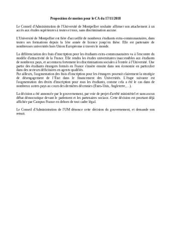 Université de Montpellier : Deux motions votées par le conseil d'administration du 17 décembre 2018