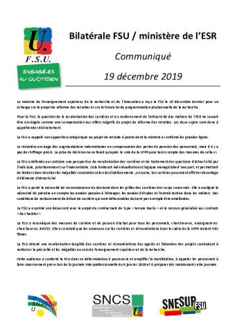 Rencontre bilatérale FSU / ministre de l'Enseignement supérieur et de la Recherche - Communiqué de la FSU, 19 décembre 2019