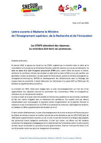 Lettre ouverte à Madame la Ministre de l'ESRI - Les STAPS attendent des réponses. Le ministère doit tenir ses promesses.