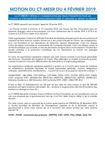 LE CT-MESR S’OPPOSE A L’AUGMENTATION DES FRAIS D’INSCRIPTION... -  MOTION DU CT-MESR DU 4 FÉVRIER 2019 