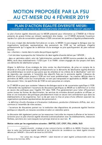 PLAN D’ACTION ÉGALITÉ-DIVERSITÉ MESRI - MOTION DU CT-MESR DU 4 FÉVRIER 2019 
