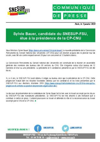 Sylvie Bauer, candidate du SNESUP-FSU, élue à la présidence de la CP-CNU - CP du 7 janvier 2020