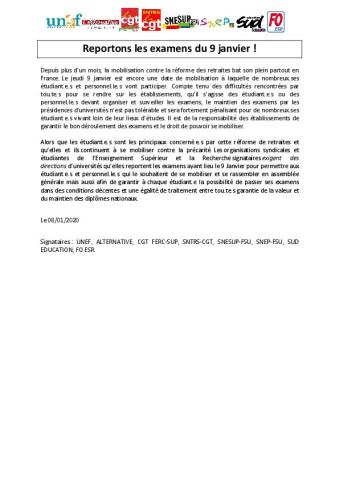 Reportons les examens du 9 janvier - CP intersyndical du 8 janvier 2020