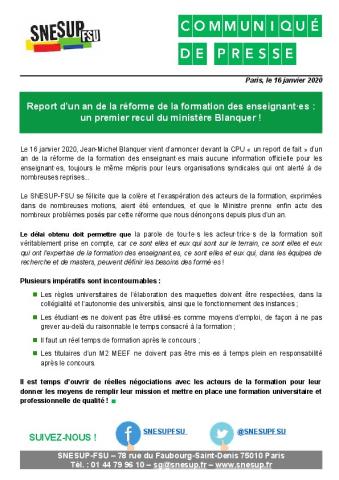 Report d’un an de la réforme de la formation des enseignant·es : un premier recul du ministère Blanquer ! - CP du 16 janvier 2020