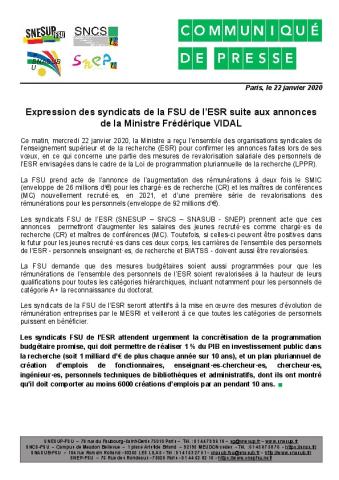 Expression des syndicats de la FSU de l'ESR suite aux annonces de la Ministre Frédérique VIDAL - CP des syndicats FSU du 22 janvier 2020