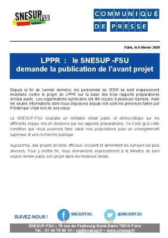 LPPR : le SNESUP-FSU DEMANDE LA PUBLICATION DE L'AVANT PROJET - Communiqué du 6 février 2020