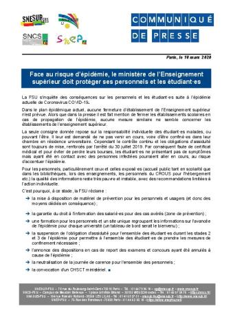 Face au risque d’épidémie, le ministère de l’Enseignement supérieur doit protéger ses personnels et les étudiant-es - CP des syndicats FSU du 10 mars 2020