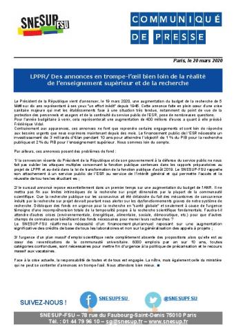 LPPR/ Des annonces en trompe-l’œil bien loin de la réalité de l’enseignement supérieur et de la recherche - CP du SNESUP-FSU du 20 mars 2020