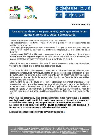 Les salaires de tous les personnels, quels que soient leurs statuts et fonctions, doivent être assurés - CP des syndicats FSU du 20 mars 2020