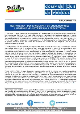 Recrutement des enseignant·es-chercheur/ses - L’urgence ne justifie pas la précipitation - CP du 24 mars 2020