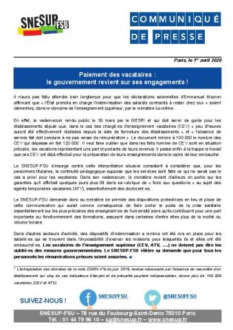 Paiement des vacataires :  le gouvernement revient sur ses engagements ! - CP du SNESUP-FSU du 1er avril 2020