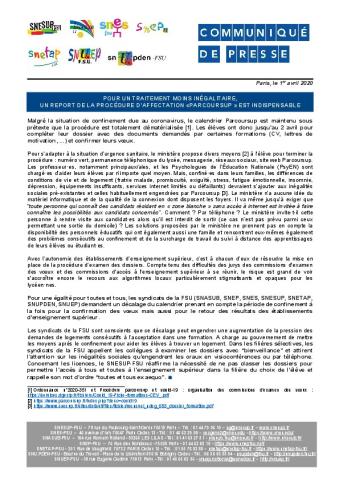 Pour un traitement moins inégalitaire, un report de la procédure d'affectation "Parcoursup" est indispensable - CP des syndicats FSU du 1er avril 2020