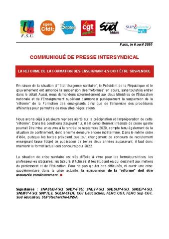 La réforme de la formation des enseignant·es doit être suspendue - Communiqué intersyndical du 6 avril 2020