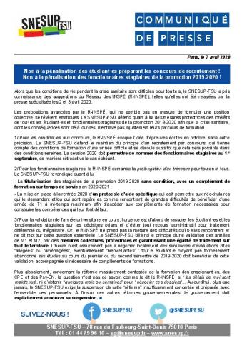 Non à la pénalisation des étudiant·es préparant les concours de recrutement ! Non à la pénalisation des fonctionnaires stagiaires de la promotion 2019-2020 ! - CP du 7 avril 2020