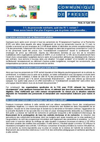 5 % de personnels méritants, quid des 95 % restant ? Nous avons besoin d’un plan d’urgence, pas de primes exceptionnelles... Communiqué  des organisations syndicales de la FSU pour l'ESR du 4 juin 2020