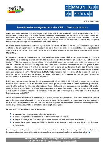 Formation des enseignant·es et des CPE : "Droit dans le mur"! - Communiqué du 5 juin 2020