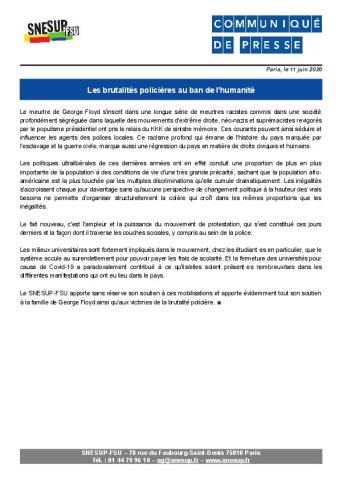 Les brutalités policières au ban de l'humanité - Communiqué de presse du 11 juin 2020