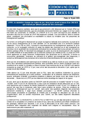 LPPR : le ministère change les règles du jeu, deux jours avant la tenue d’un CNESER qui n’aurait par ailleurs jamais dû être convoqué ! - CP des syndicats FSU du 16 juin 2020
