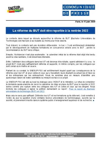 La réforme du BUT doit être reportée à la rentrée 2022 - CP du SNESUP-FSU du 17 juin 2020
