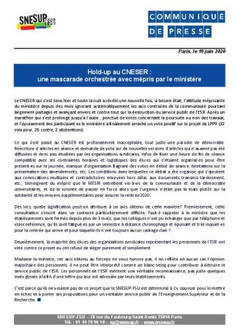 Hold-up au CNESER : une mascarade orchestrée avec mépris par le ministère - Communiqué de presse du 19 juin 2020