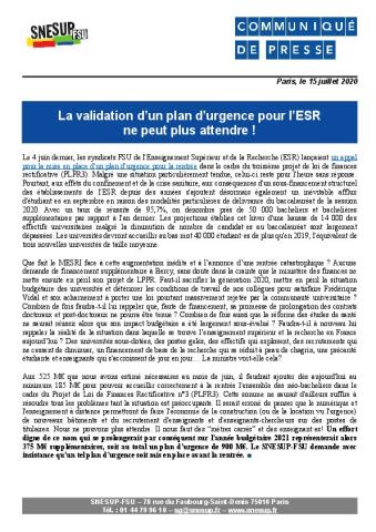La validation d’un plan d’urgence pour l’ESR ne peut plus attendre ! - Communiqué de presse du 15 juillet