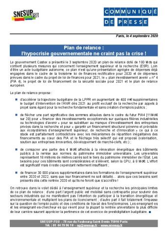Plan de relance :  l’hypocrisie gouvernementale ne craint pas la crise ! - Communiqué de presse du 4 septembre 2020