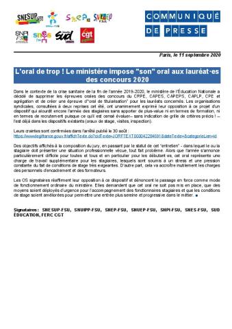 L'oral de trop ! Le ministère impose "son" oral aux lauréat·es des concours 2020 - Communiqué de presse intersyndical du 11 septembre 2020