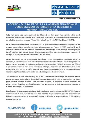 Adoption du projet de LPR à l’Assemblée nationale : l’enseignement supérieur et la recherche méritent mieux que cela - Communiqué de presse du 24 septembre 2020