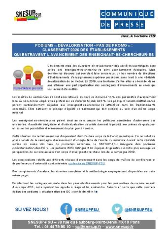 Podiums « dévalorisation - pas de promo » : Classement 2020 des établissements qui entravent l’avancement des enseignant·es-chercheur·es - Communiqué de presse du 6 octobre 2020