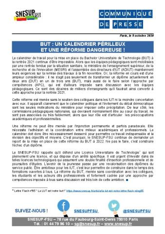 BUT : Un calendrier périlleux et une réforme dangereuse ! - Communiqué de presse du 8 octobre 2020