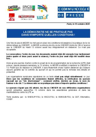 La démocratie ne se pratique pas dans n'importe quelles conditions ! - Communiqué de presse du 13 octobre 2020