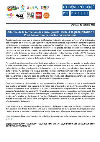 Réforme de la formation des enseignants: Halte à la précipitation ! Pour l’ouverture de réelles concertations - Communiqué intersyndical du 19 octobre 2020