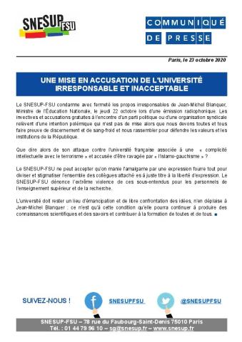 Une mise en accusation de l'université irresponsable et inacceptable - Communiqué de presse du 23 octobre 2020