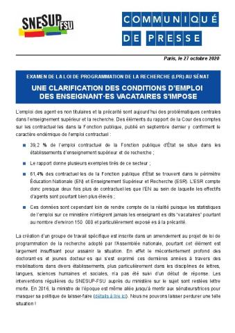 Une clarification des conditions d’emploi des enseignant·es vacataires s'impose - Communiqué de presse du 27 octobre 2020