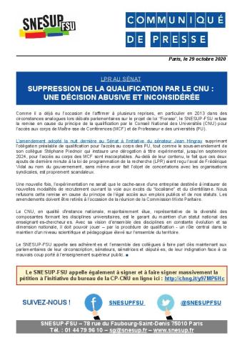 Suppression de la qualification par le CNU : une décision abusive et inconsidérée - Communiqué de presse du 29 octobre 2020