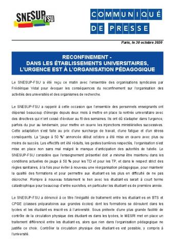 Reconfinement -  Dans les établissements universitaires, l’urgence est à l’organisation pédagogique - Communiqué de presse du 30 octobre 2020