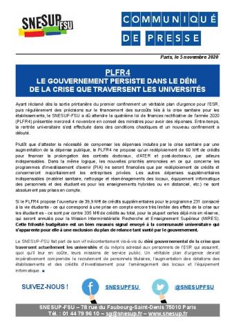 PLFR4 : Le gouvernement persiste dans le déni de la crise que traversent les universités - Communiqué de presse du 5 novembre 2020