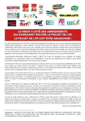 Le Sénat a voté des amendements qui aggravent encore le projet de LPR.  Le projet de LPR doit être abandonné ! - Communiqué intersyndical du 6 novembre 2020
