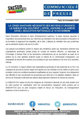 Le SNESUP-FSU soutient l’appel unitaire à la grève dans l’Éducation nationale le 10 novembre - Communiqué du 6 novembre 2020