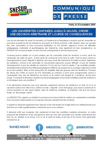  Les universités confinées jusqu’à nouvel ordre :  une décision arbitraire et lourde de conséquences - Communiqué de presse du 25 novembre 2020