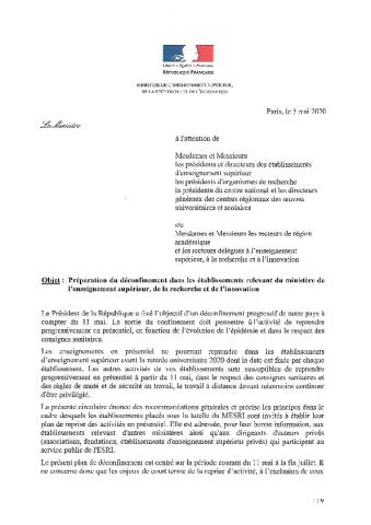Plan de déconfinement pour l'ESR - Courrier du MESRI du 3 mai 2020
