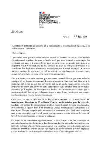 Lettre du 22 juillet 2020 de la ministre Vidal aux personnels de l'ESR 