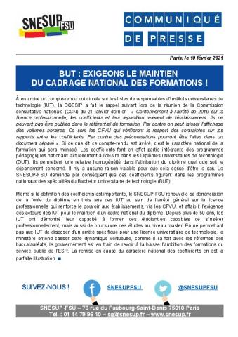 BUT : exigeons le maintien  du cadrage national des formations ! - Communiqué de presse du 10 février 2021