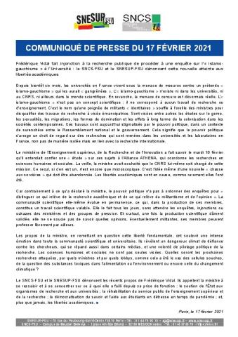 F. Vidal fait injonction à la recherche publique de procéder à une enquête sur l'« islamo-gauchisme » à l'Université [...] - Communiqué du SNCS-FSU et du SNESUP-FSU du 17 février 2021