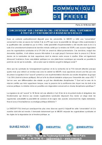 “Concertation” sur l’avenir du CNU : Frédérique Vidal “expérimente” à tout va et s’affranchit à nouveau des règles - Communiqué du SNESUP-FSU du 18 février 2021