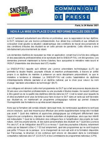 Non à la mise en place d’une réforme bâclée des IUT - Communiqué de presse du SNESUP-FSU du 24 février 2021