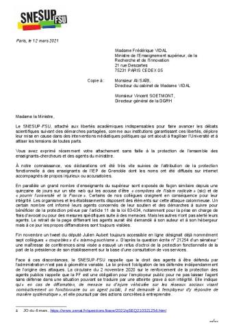 Attaques contre des universitaires : le SNESUP-FSU écrit à la ministre F. Vidal - 12 mars 2021