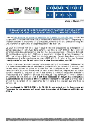 Le financement de la prolongation des contrats doctoraux et contractuels de la recherche doit être consolidé et étendu - Communiqué SNESUP/SNCS-FSU du 14 avril 2021