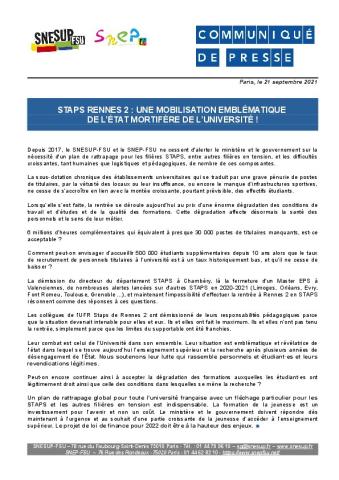 STAPS Rennes 2 : une mobilisation emblématique de l’état mortifère de l’université ! - Communiqué SNESUP et SNEP-FSU du 21 septembre 2021