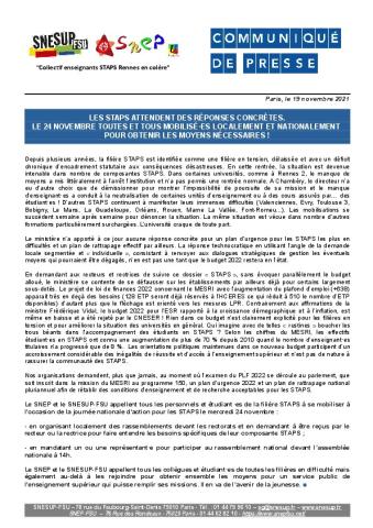 Les STAPS attendent des réponses concrètes. Le 24 novembre toutes et tous mobilisé·es localement et nationalement  pour obtenir les moyens nécessaires ! - Communiqué de presse SNESUP/SNEP-FSU du 19 novembre 2021